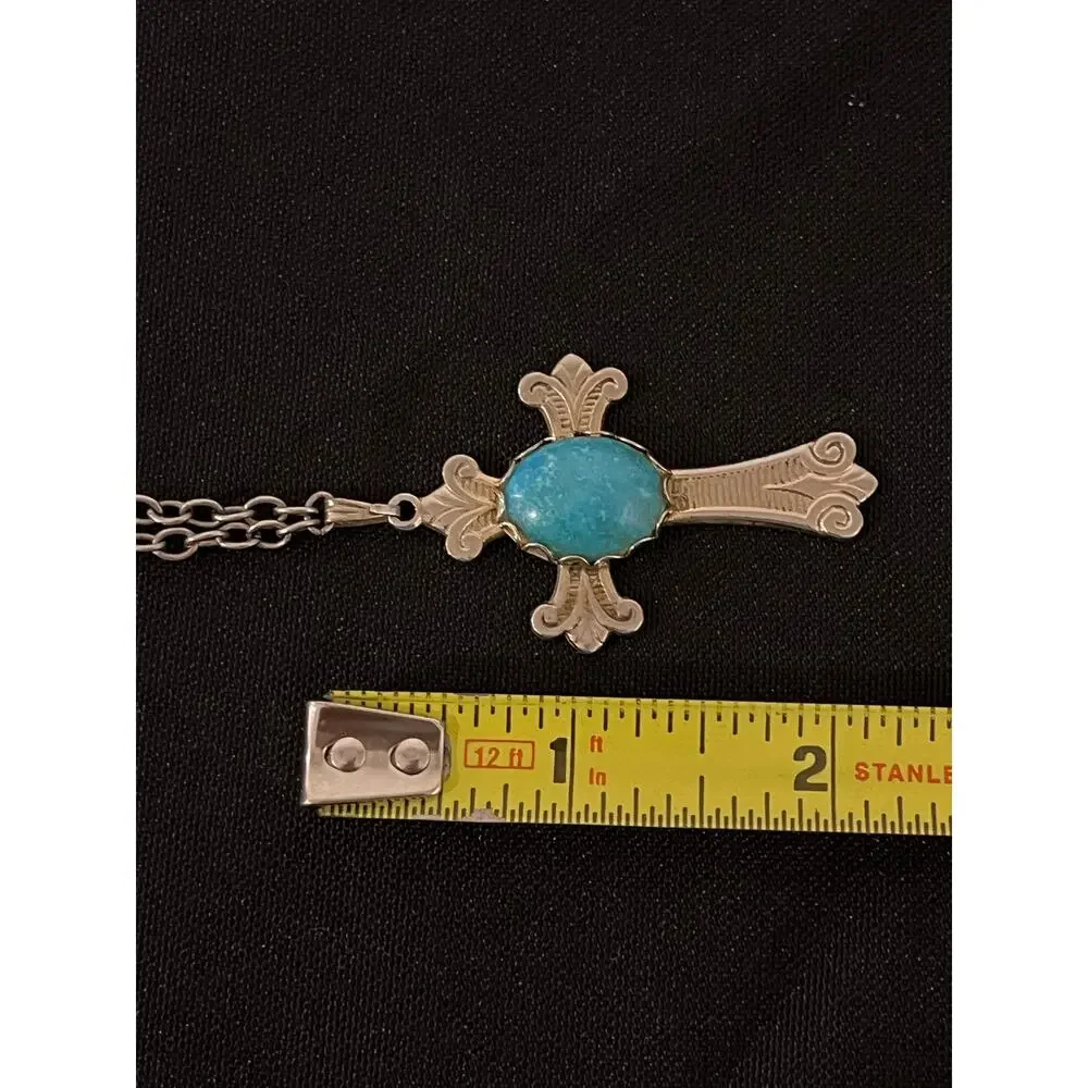 Long Cross Necklace Turquoise Color Stone Silver Tone‎ Chain Boho Faith 33”